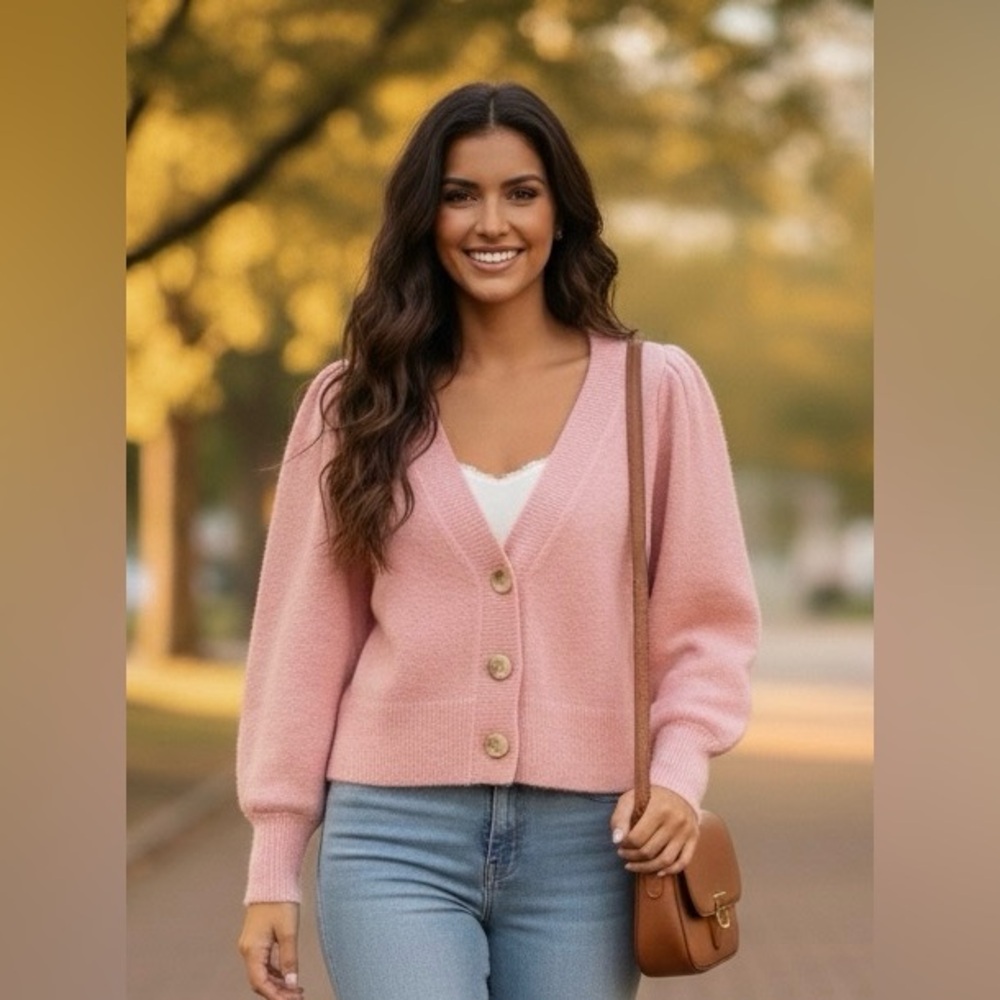 Atelier & Other Stories pink/light coral fluffy V neck sweater, front buttons, S